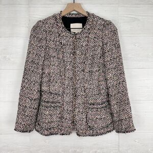 Rebecca Taylor Tweed Jacket Women 2 Fringed Textured‎ Boucle Pink Wool Blend NEW